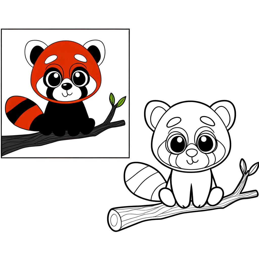 Coloring page of a cute red panda sitting on a tree branch