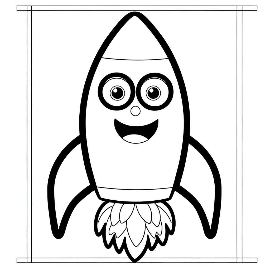 Coloring page of rocket ship launching with flames and smoke