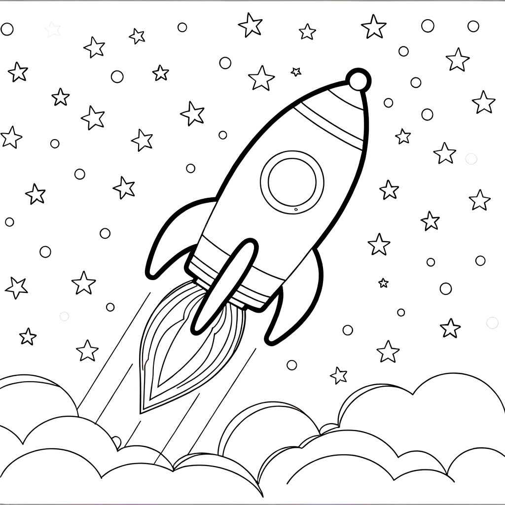 Rocket ship launching into space coloring page with flames and stars