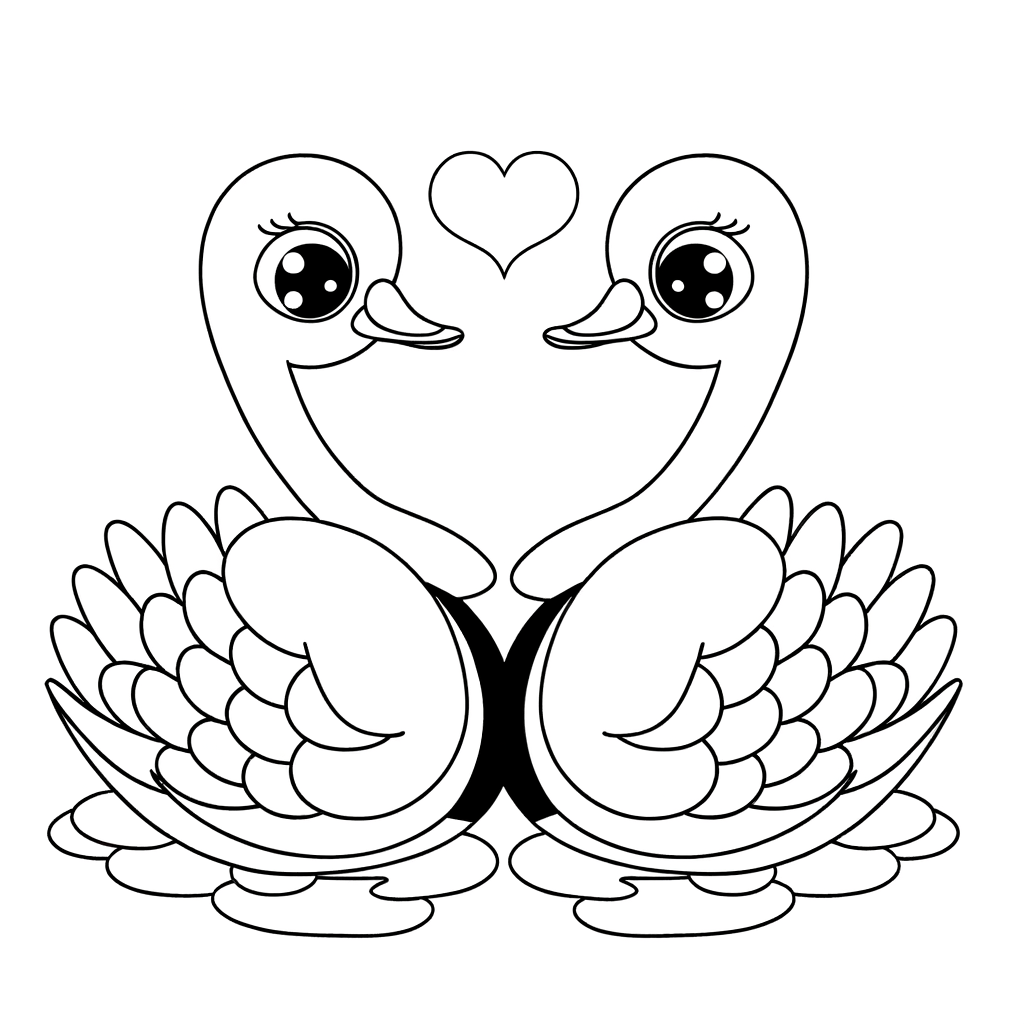 Coloring page showing two romantic swans with necks curved to form a heart shape