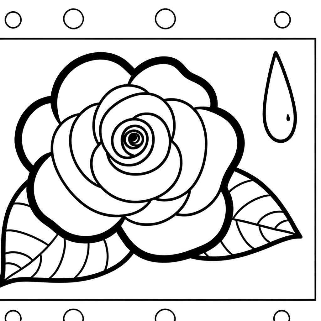 Coloring page illustration of a rose flower with dewdrops on petals