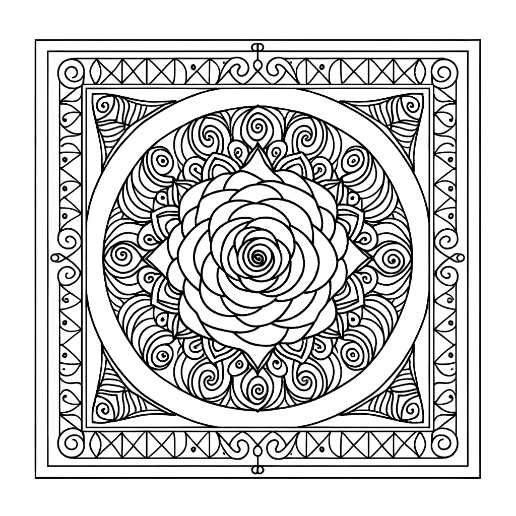 Rose mandala coloring page with spiraling petals