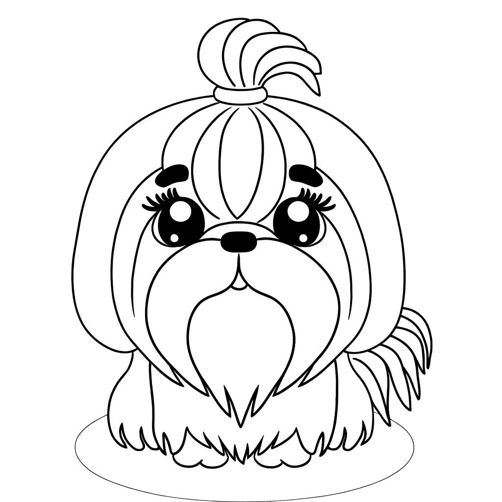 Coloring page of a Shih Tzu dog with long silky coat and topknot hairstyle