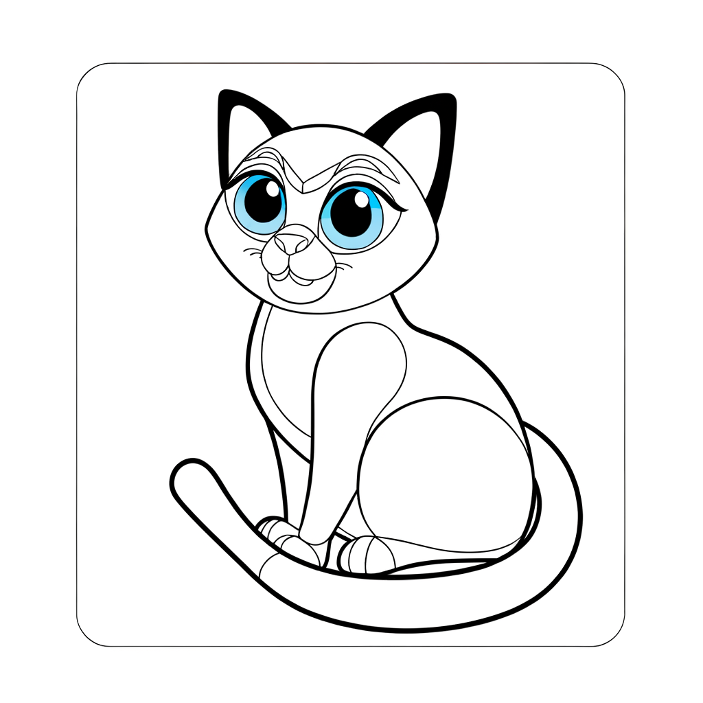 Coloring page of a Siamese cat with blue eyes in a regal sitting pose