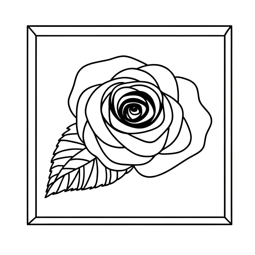 Single perfect rose closeup coloring page with detailed petals