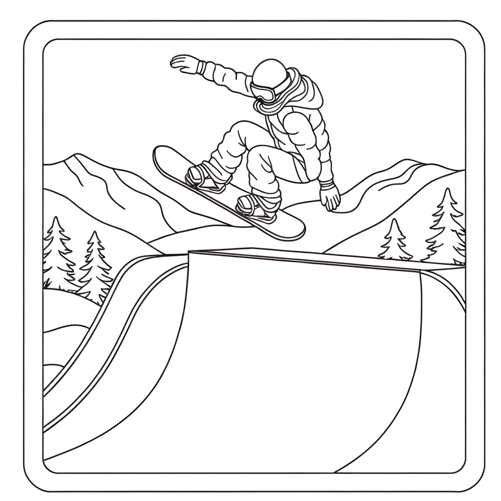 Snowboarder performing trick in halfpipe coloring page