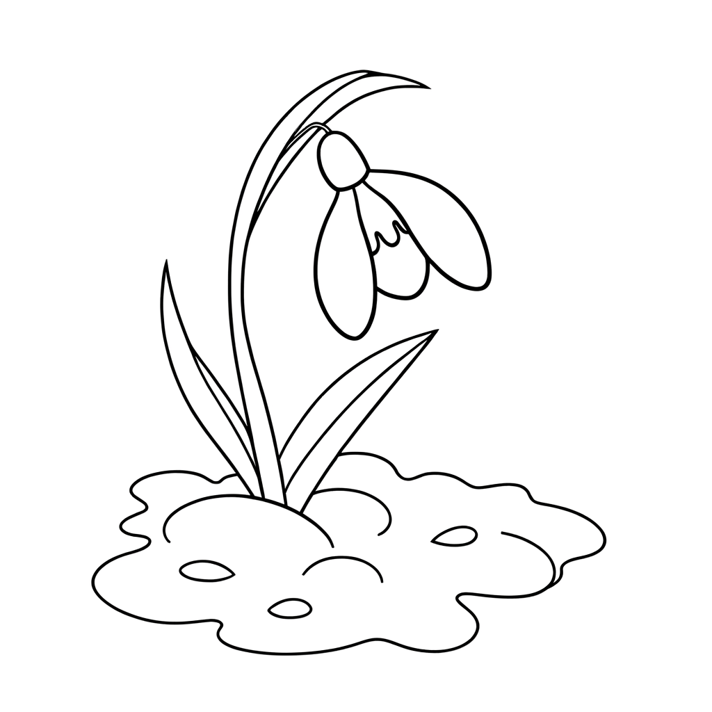 Coloring page of a snowdrop flower pushing through snow with detailed petals and ground texture