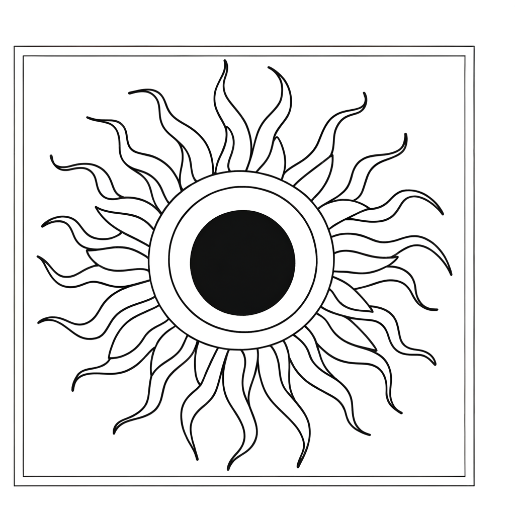 Solar eclipse coloring page showing the moon blocking the sun with corona rays extending outward