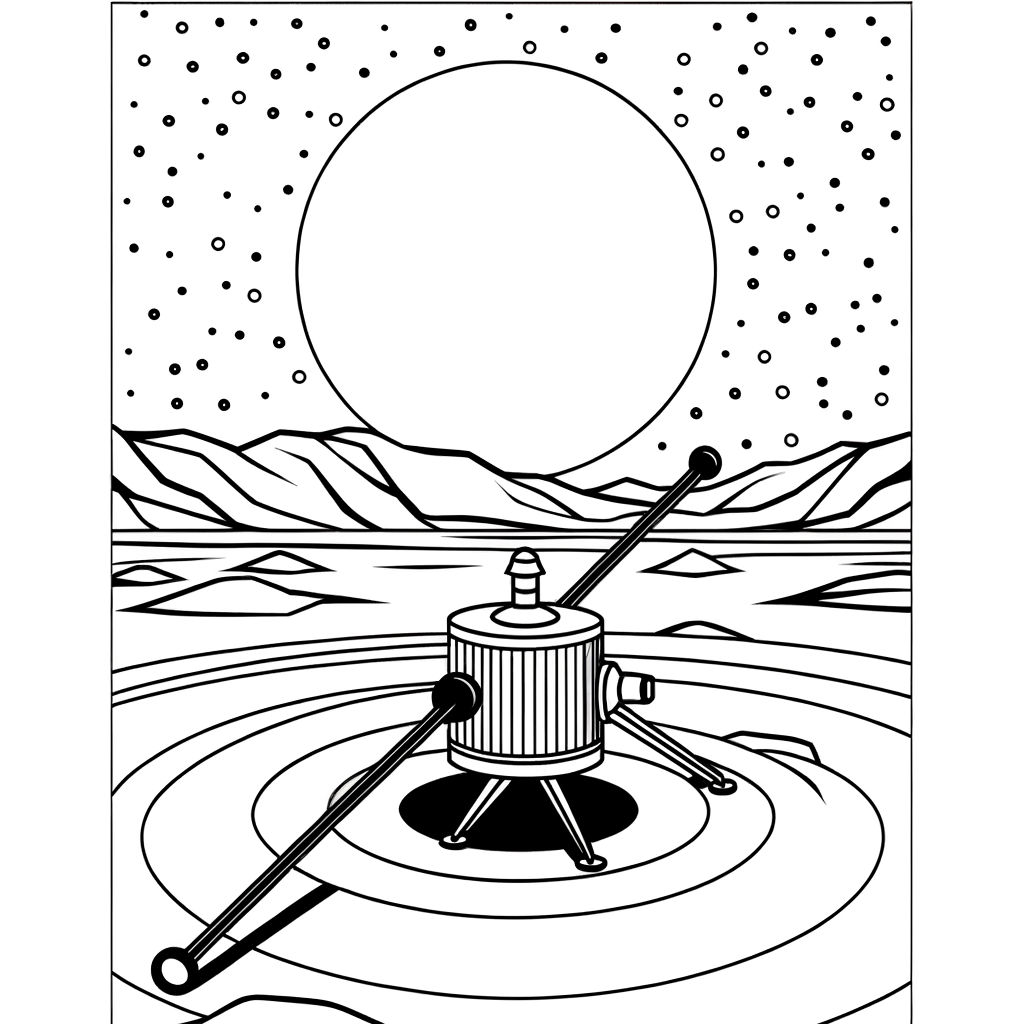 Coloring page showing a space probe spacecraft exploring a distant alien planet with stars in the background