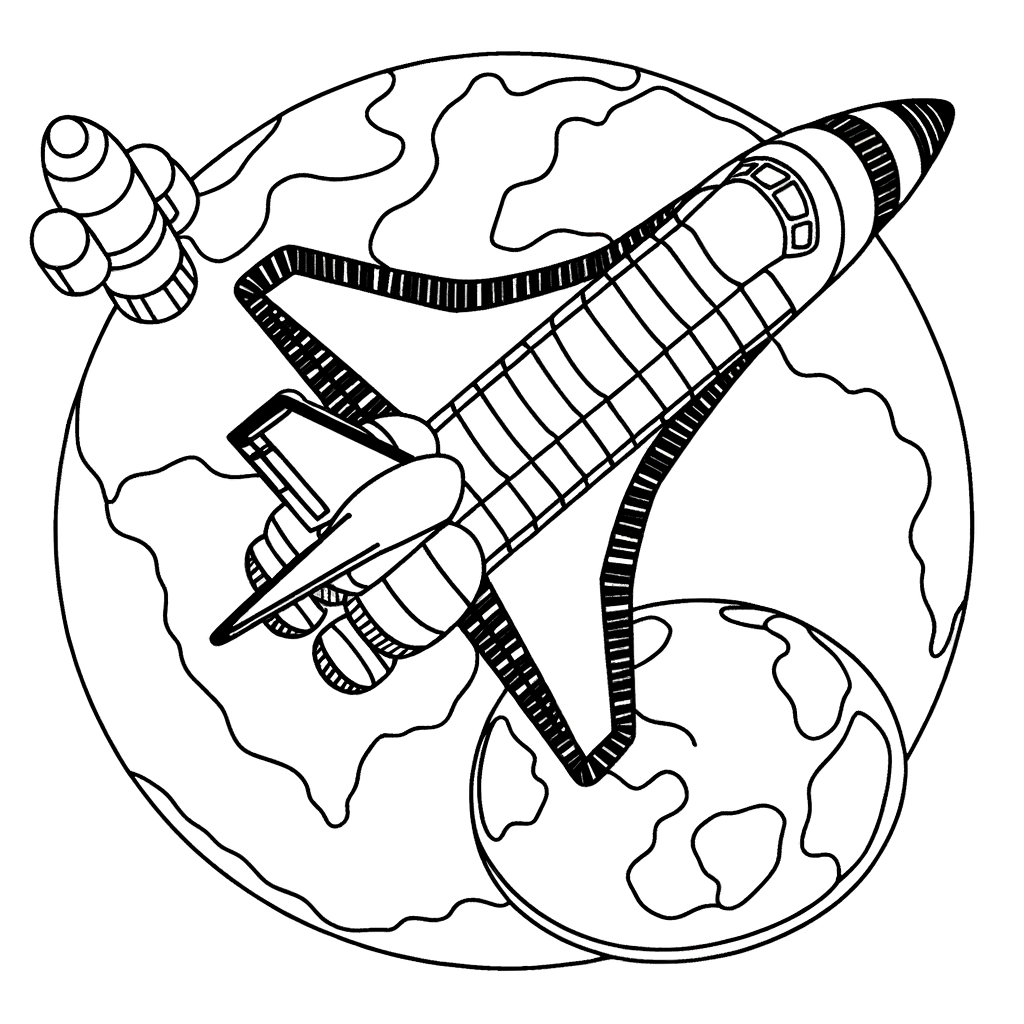 Coloring page illustration of a space shuttle orbiting Earth in space
