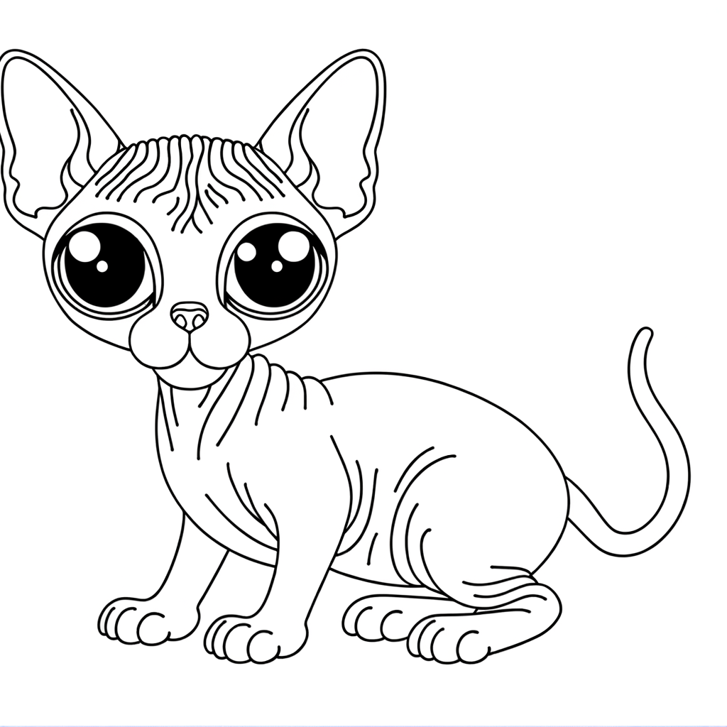 Coloring page illustration of a Sphinx cat with hairless body showing off its unique appearance