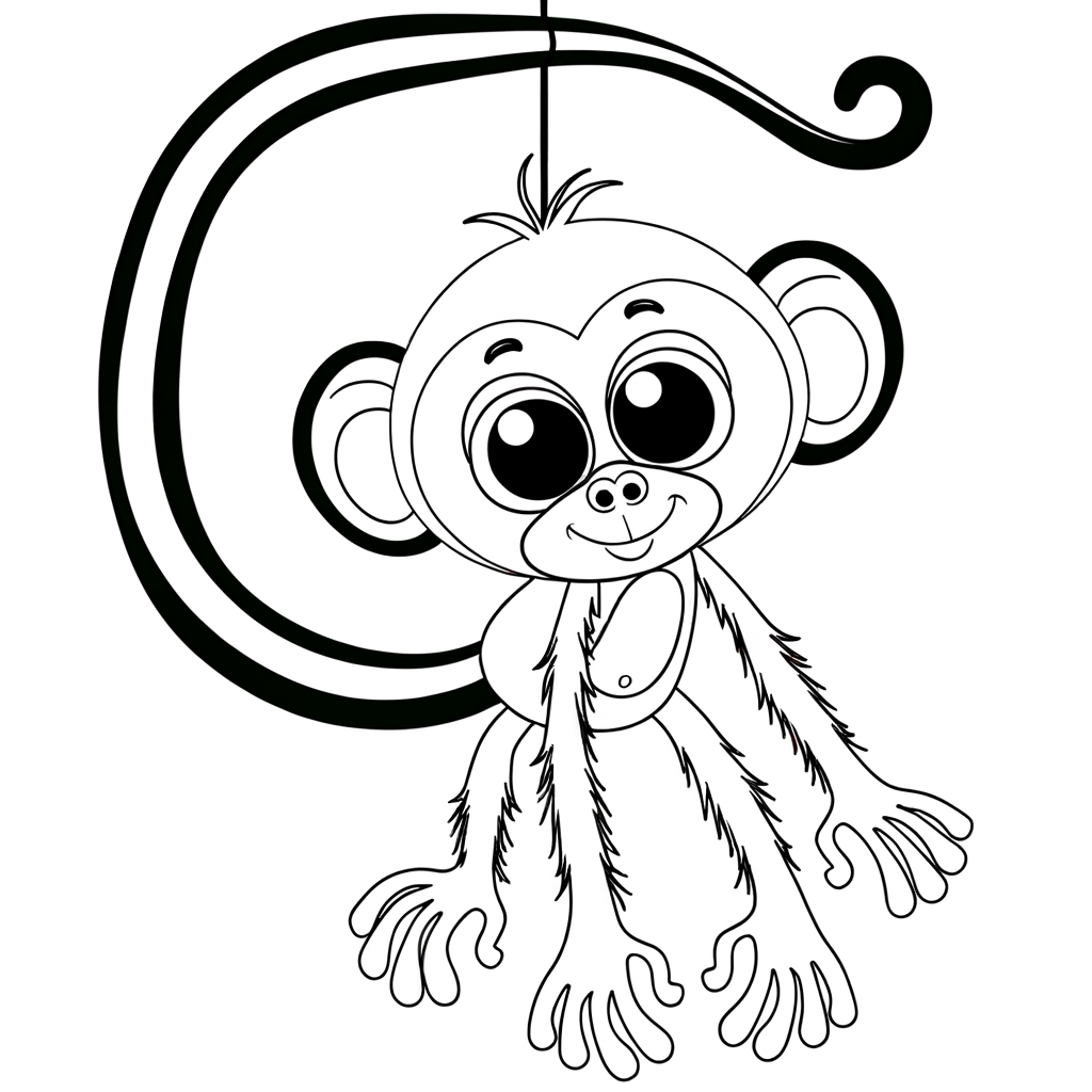 Coloring page of a spider monkey hanging upside down by its tail