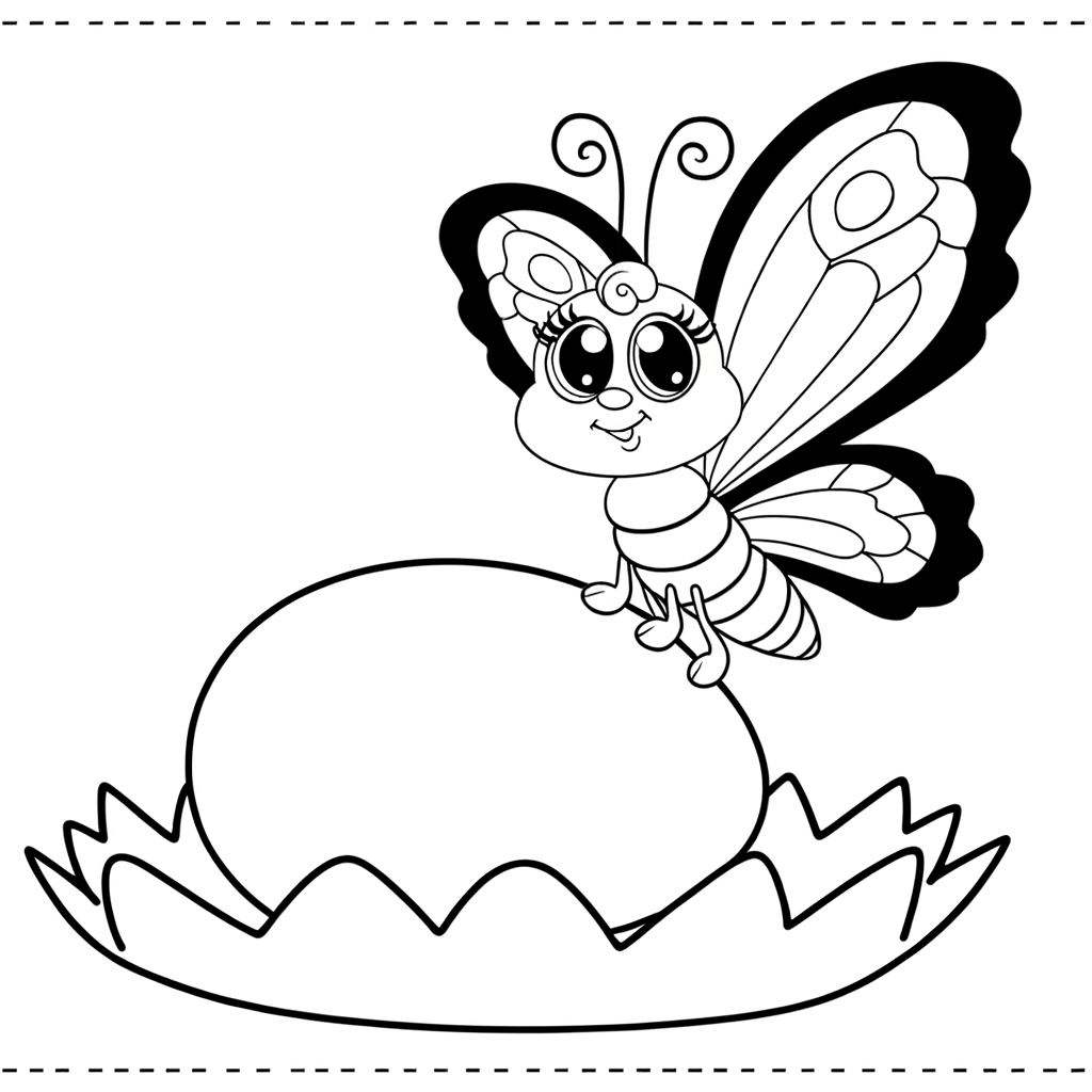 Coloring page illustration of a spring butterfly with detailed wings landing on a large egg