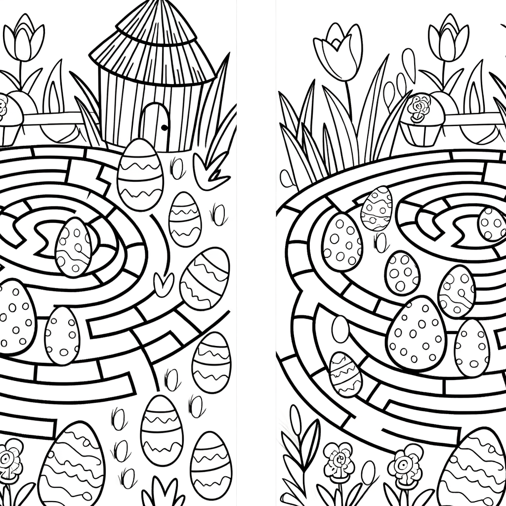 Spring garden maze coloring page with Easter eggs hidden throughout flowering garden paths