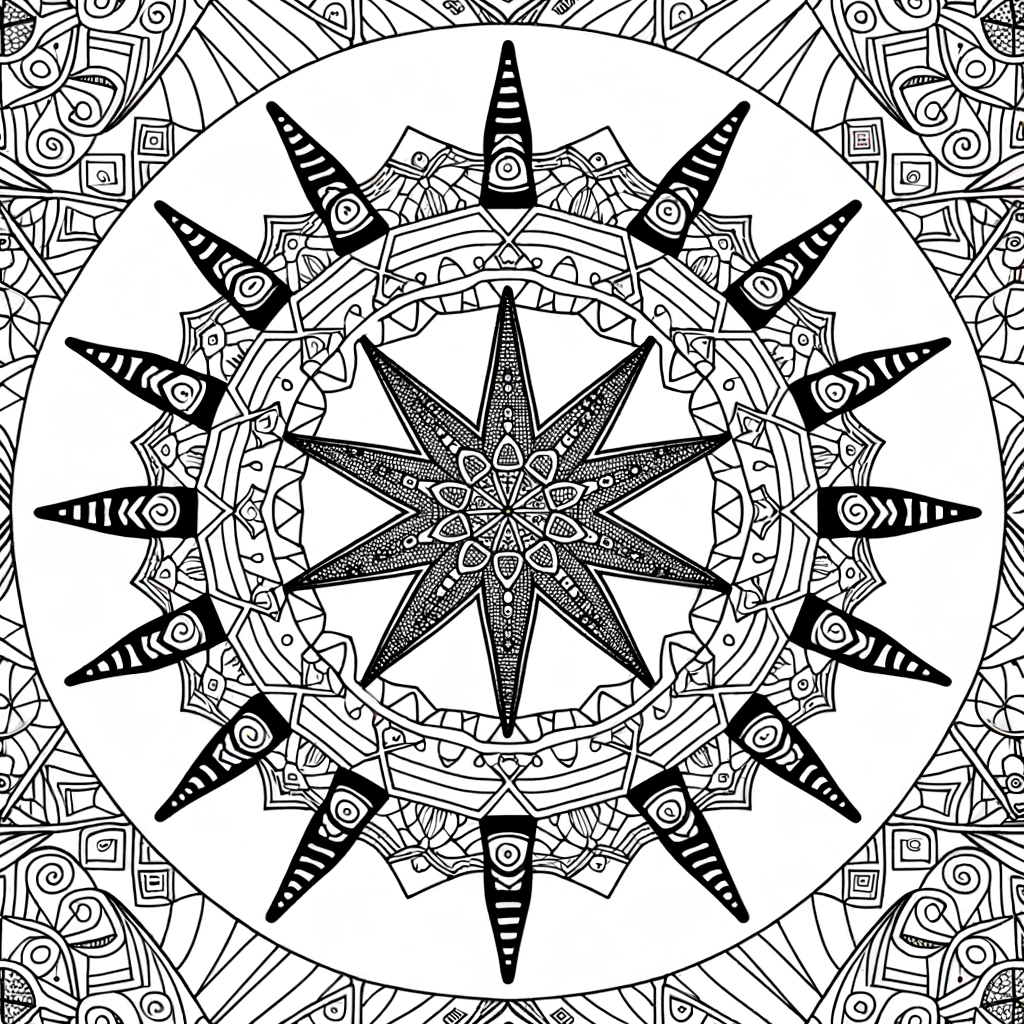 Starfish mandala coloring page with beach elements including seashells and ocean waves