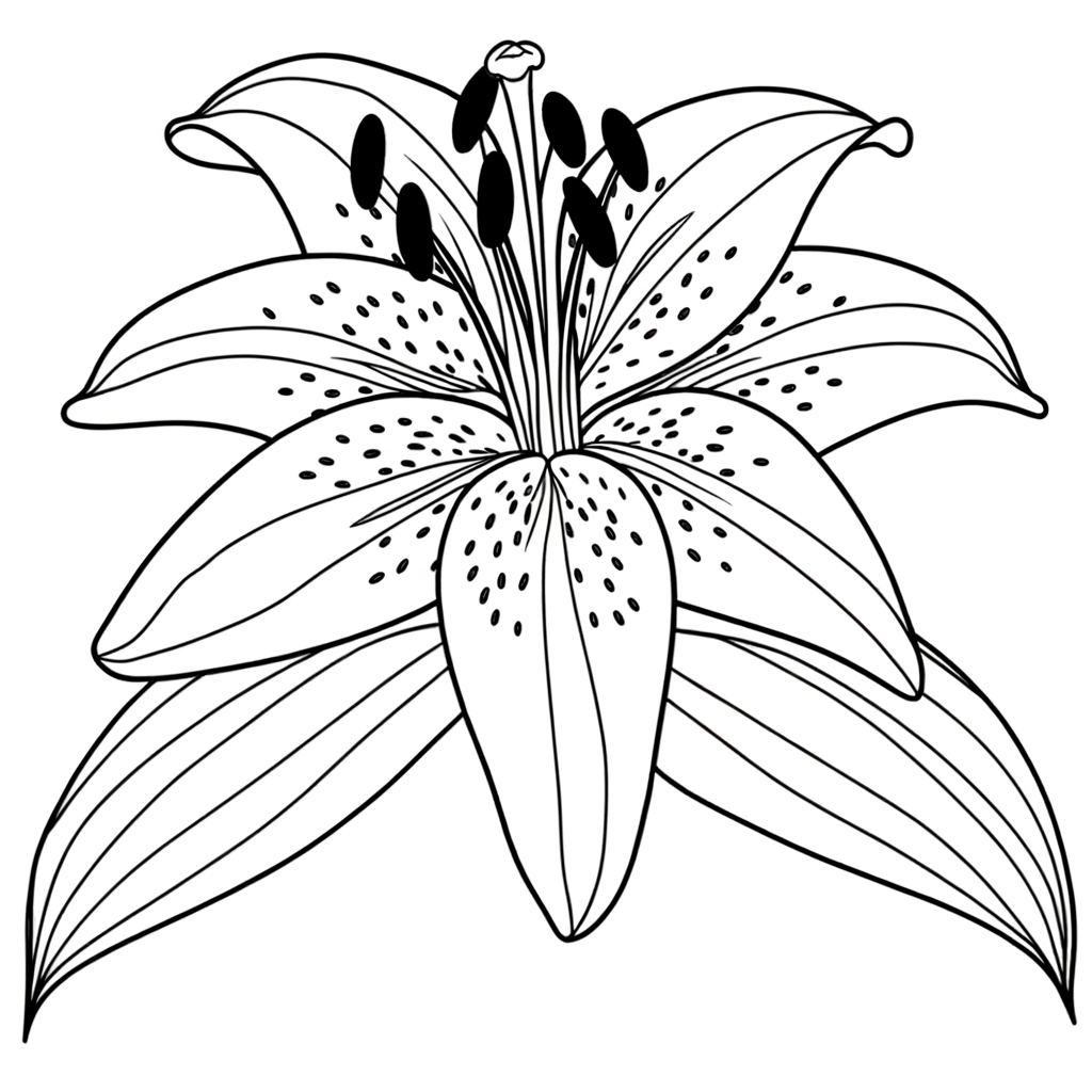 Black and white line drawing of a stargazer lily flower with detailed petals and stamens for coloring