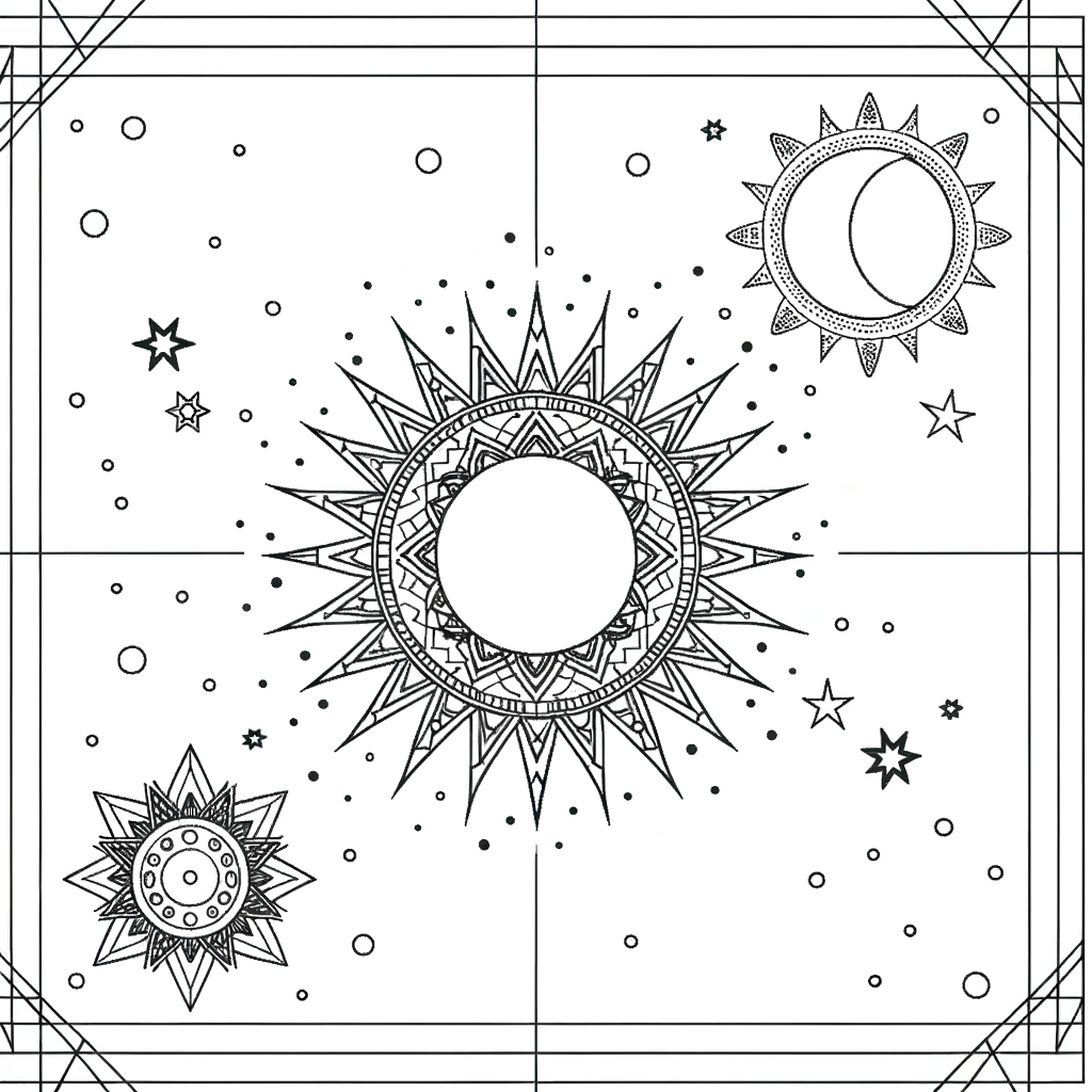 Illustrated sun and moon mandala with celestial elements coloring page