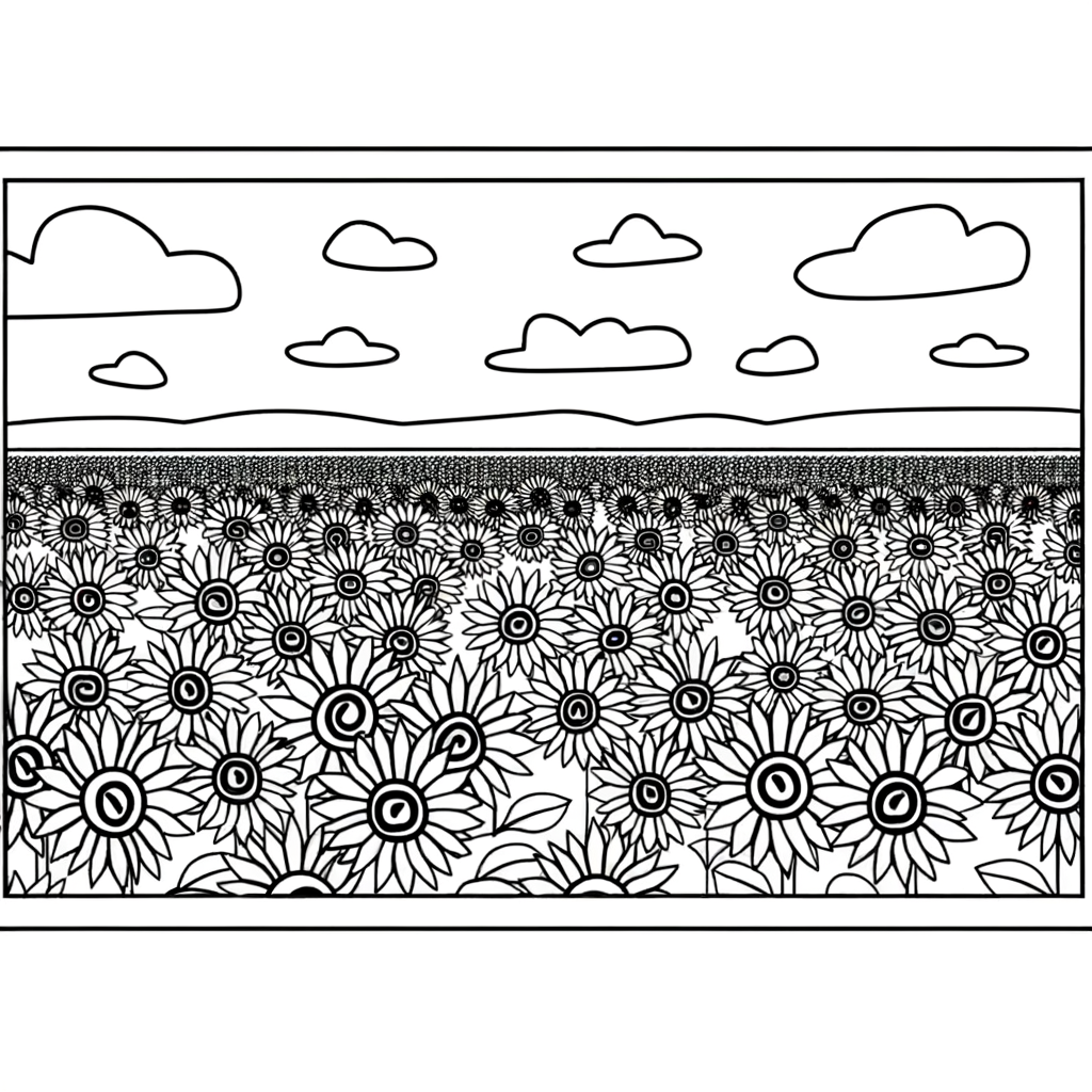Coloring page of a sunflower field stretching to the horizon with detailed flowers and open sky
