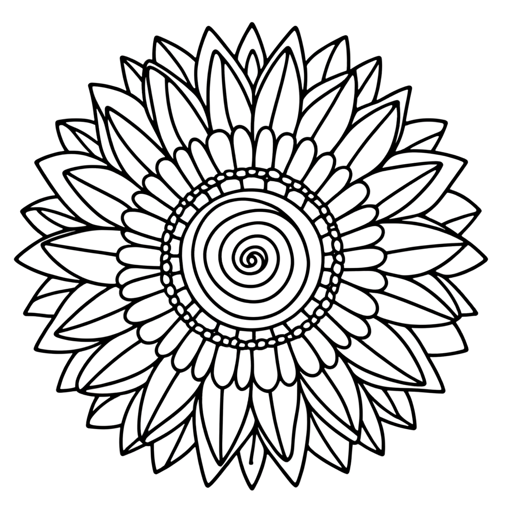 Sunflower mandala coloring page with spiral seed center and detailed petals