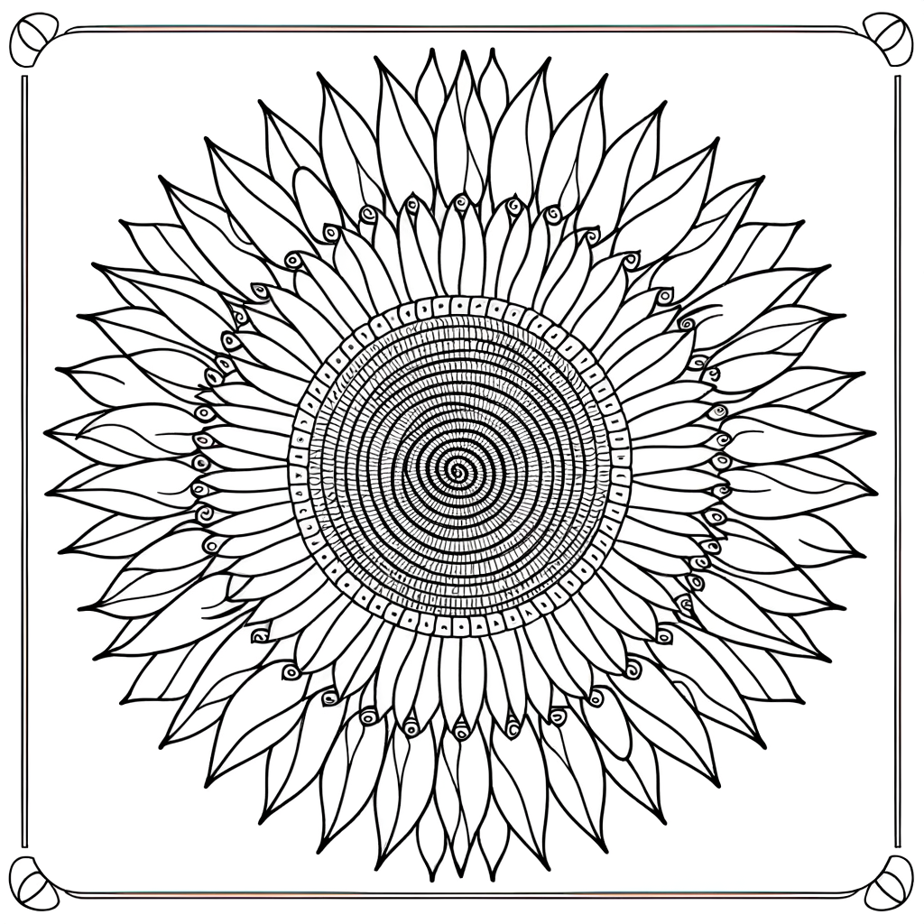 Printable sunflower mandala coloring page with spiral seed pattern center and decorative petals