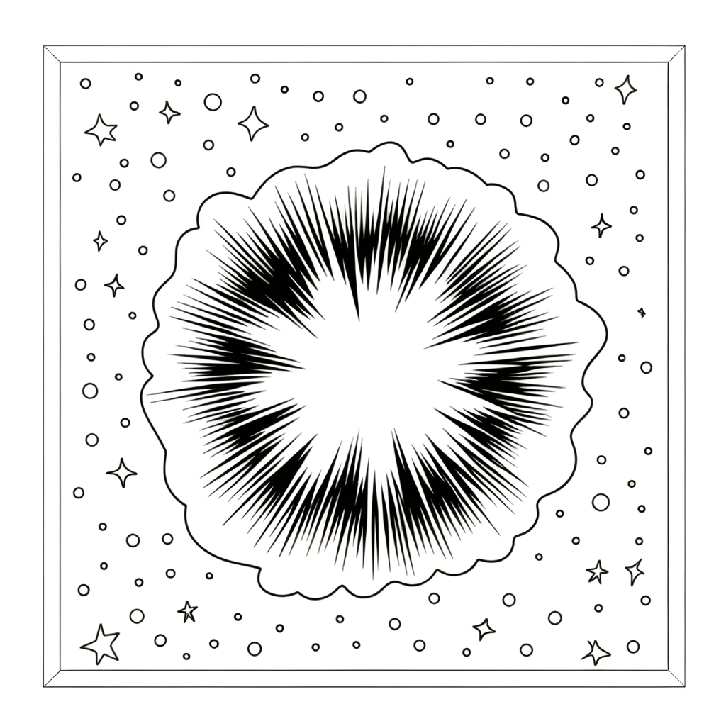 Coloring page illustration of a supernova star explosion with radiating energy waves and cosmic debris