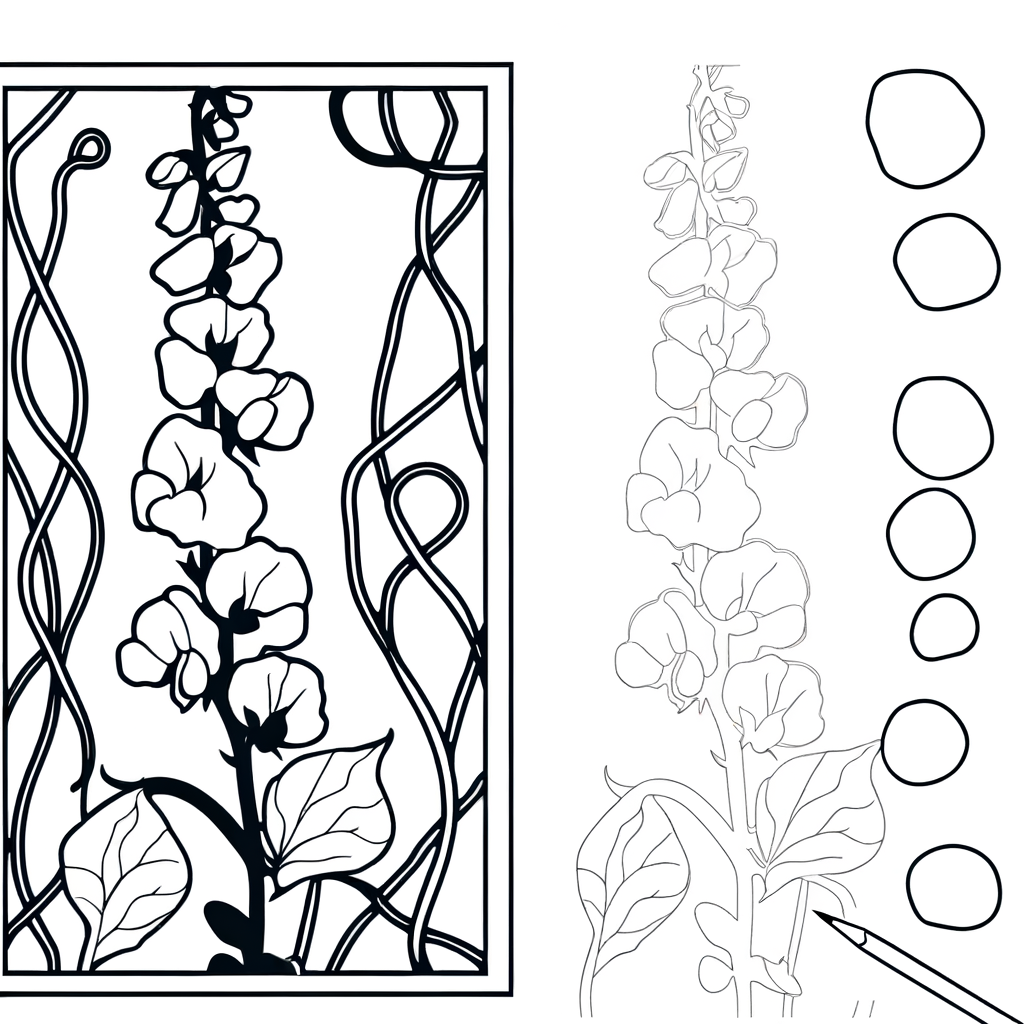 Sweet pea climbing flowers coloring page with fragrant blooms and vines