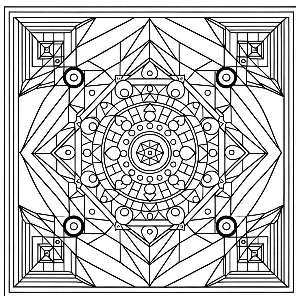 Symmetrical mandala coloring page with geometric shapes and intricate patterns