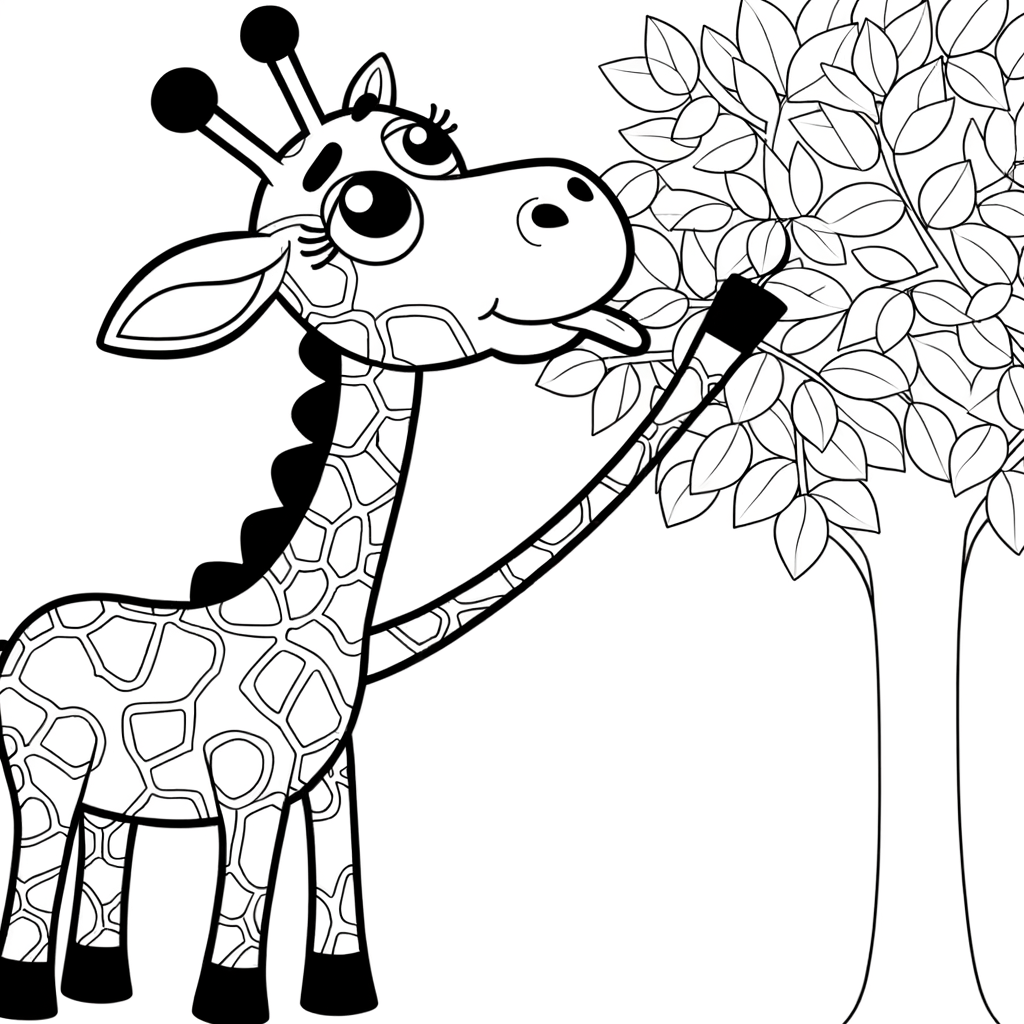 Coloring page of a tall giraffe reaching up to eat leaves from a tree