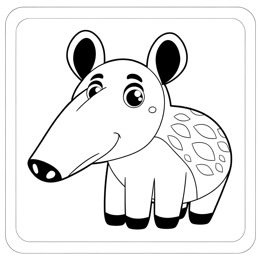 Black and white line drawing of a tapir with long nose for coloring