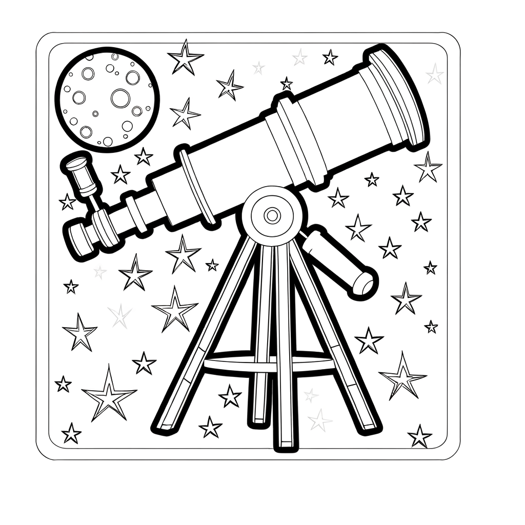 Black and white line drawing of a telescope on a tripod pointing upward at stars in the night sky for coloring