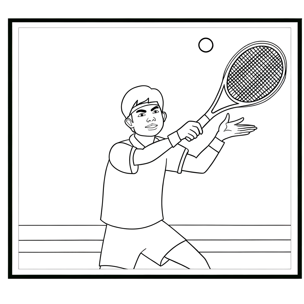 A tennis player serving a ball with a racket coloring page