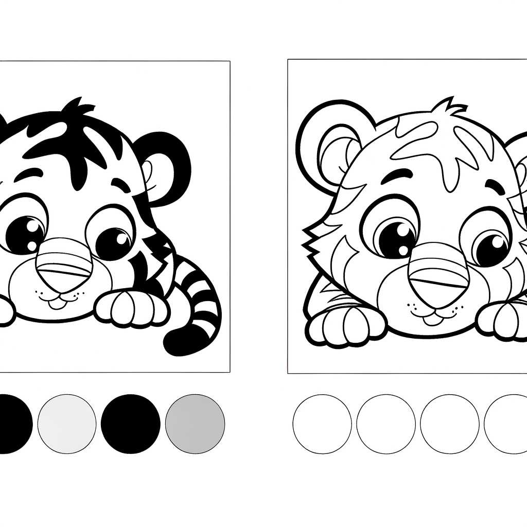 Coloring page illustration of a cute tiger cub in mid-pounce with stripes and playful expression