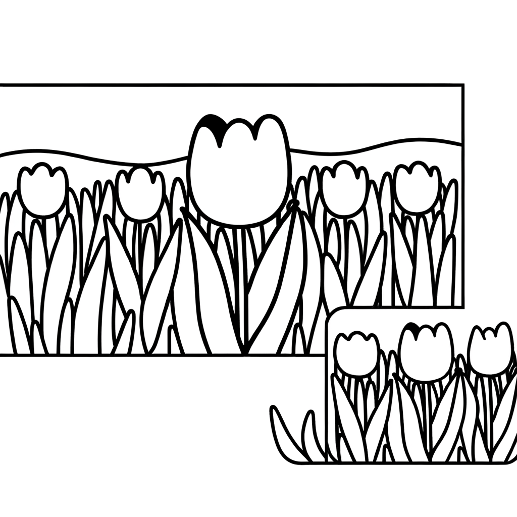 Coloring page of Holland tulip field with rows of tulips in spring landscape