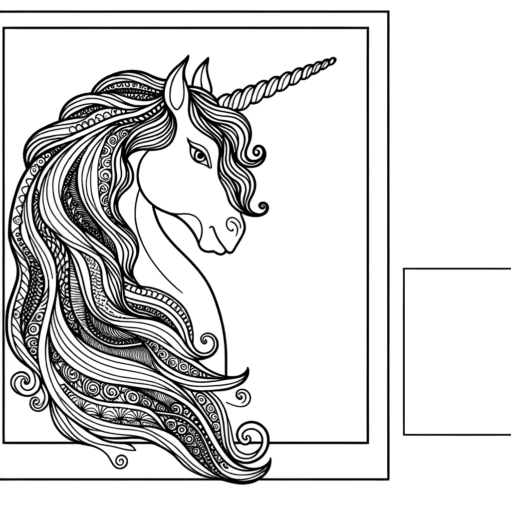 Coloring page of a unicorn with long flowing mane looking over its shoulder