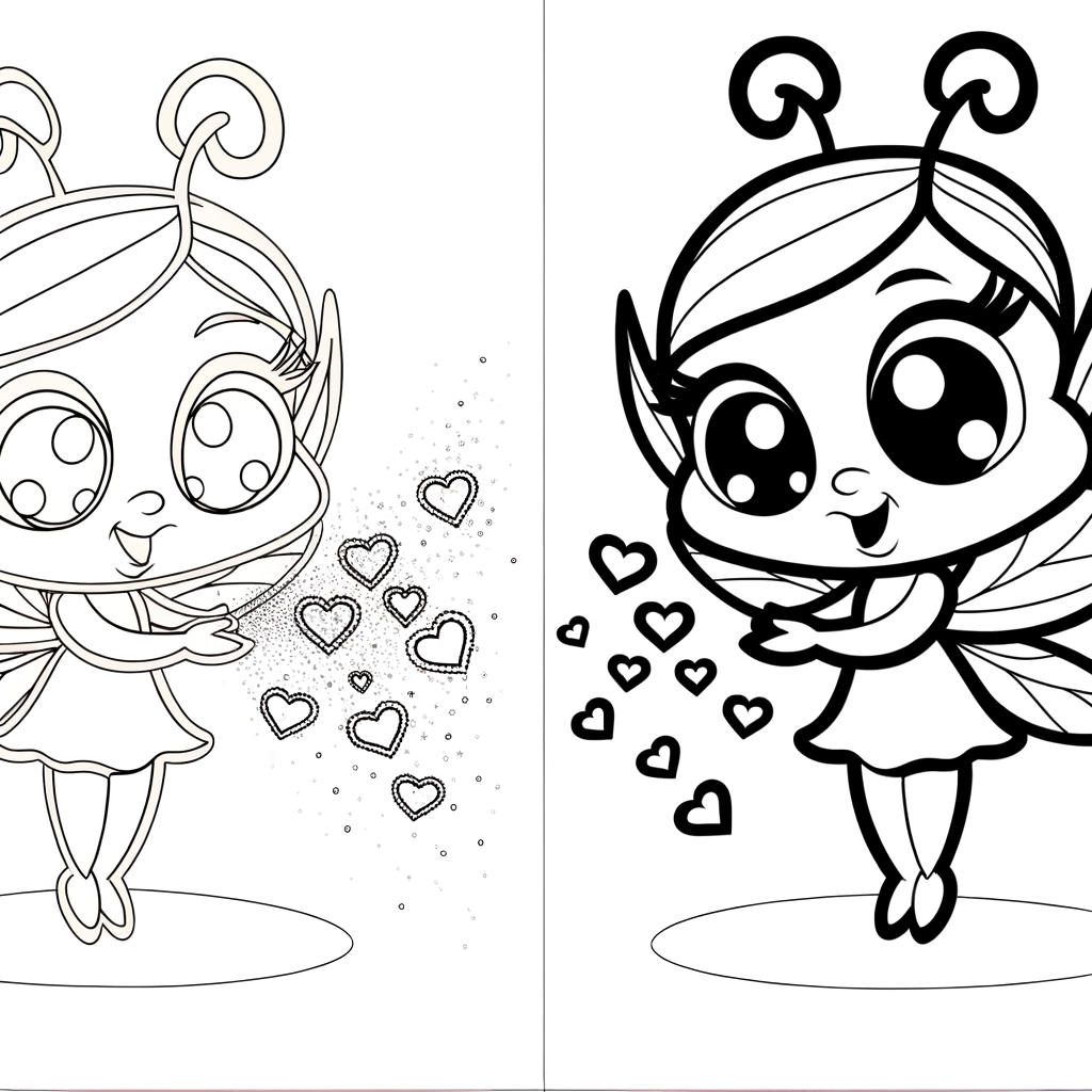 Valentine fairy coloring page showing a fairy character sprinkling heart-shaped sparkles