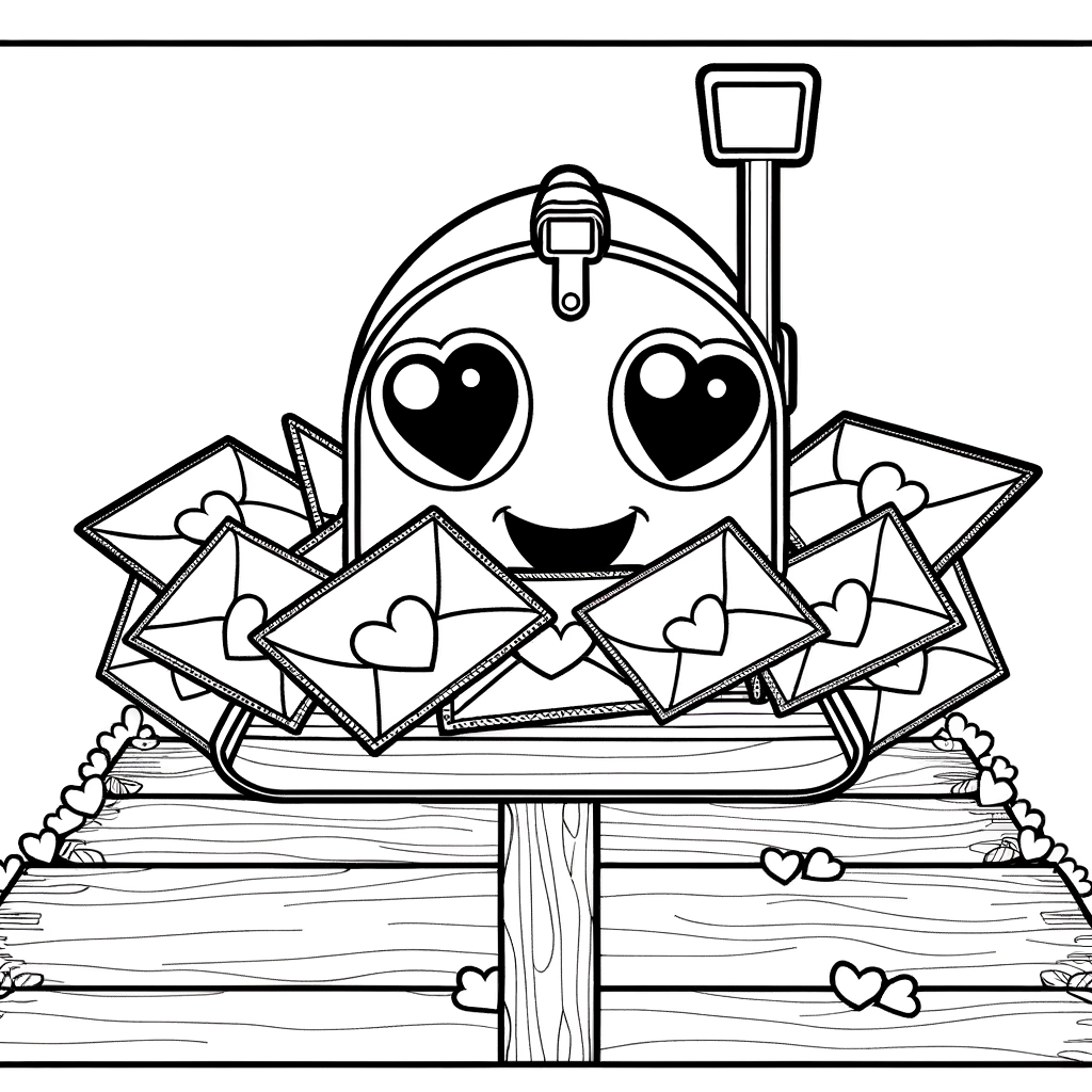 Valentine mailbox coloring page showing a decorative mailbox overflowing with heart-shaped cards and love letters