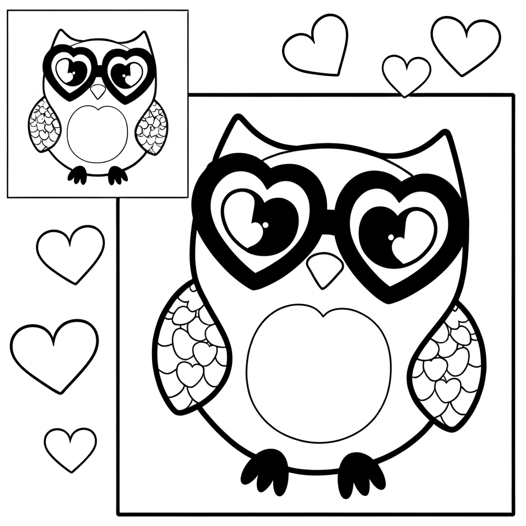 Valentine owl coloring page with heart-shaped eyes and romantic decorative elements