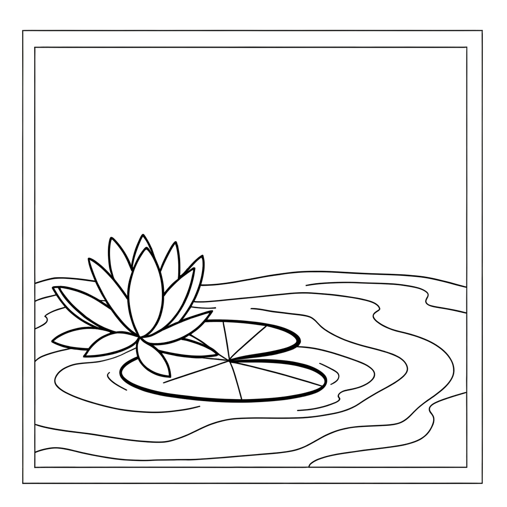 Coloring page of a water lily flower floating on calm pond water surface