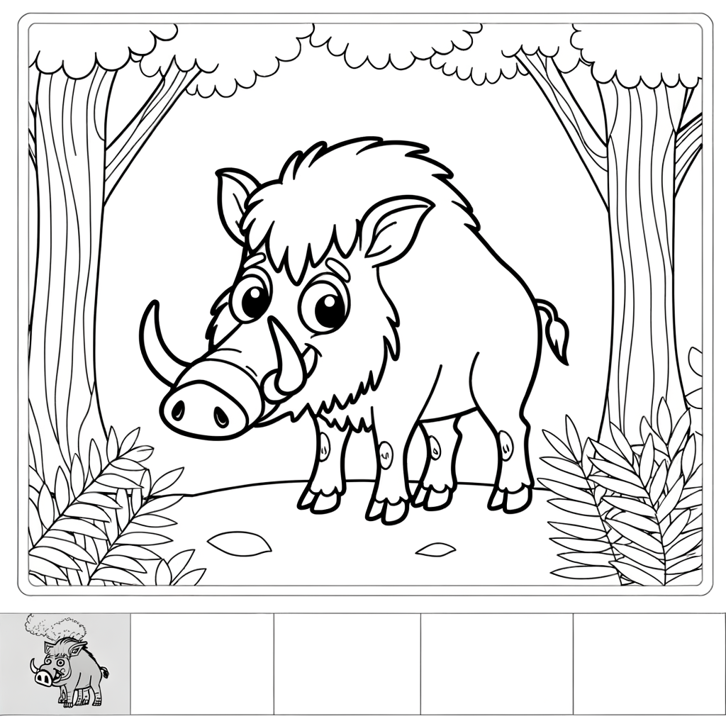Coloring page of a wild boar with tusks foraging among trees and forest vegetation