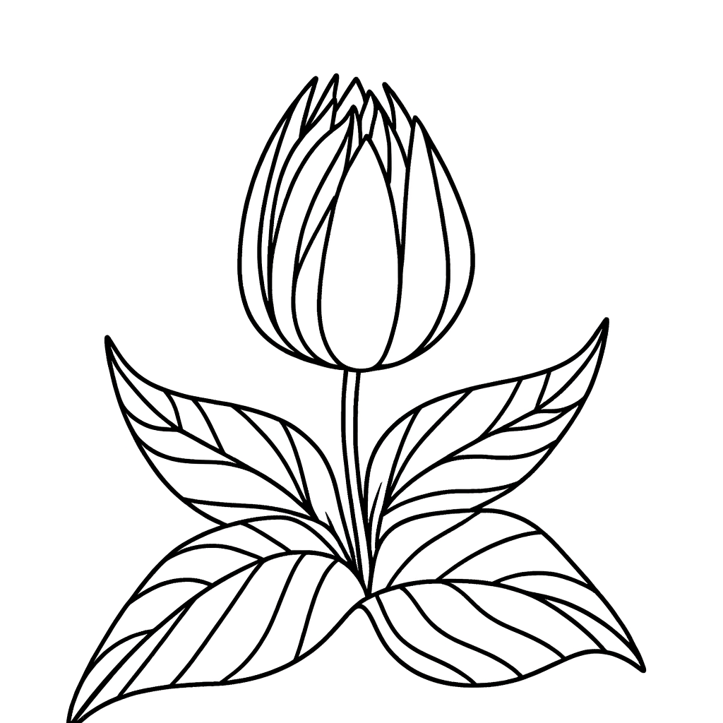 Wild tulip coloring page showing a single tulip flower in woodland setting with trees and natural elements