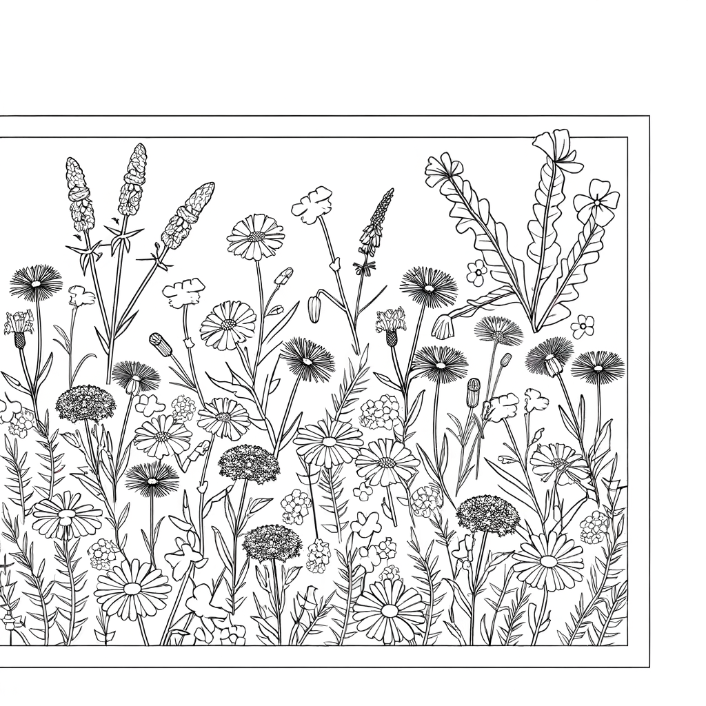 Wildflower meadow coloring page showing various mixed blooms and flowers in a natural field setting