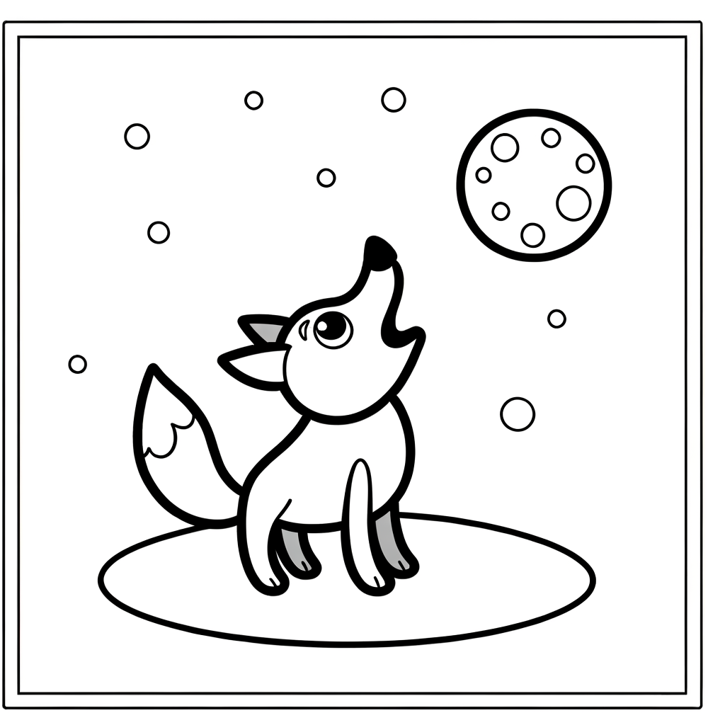 Coloring page illustration of a wolf howling at a full moon with stars in the night sky