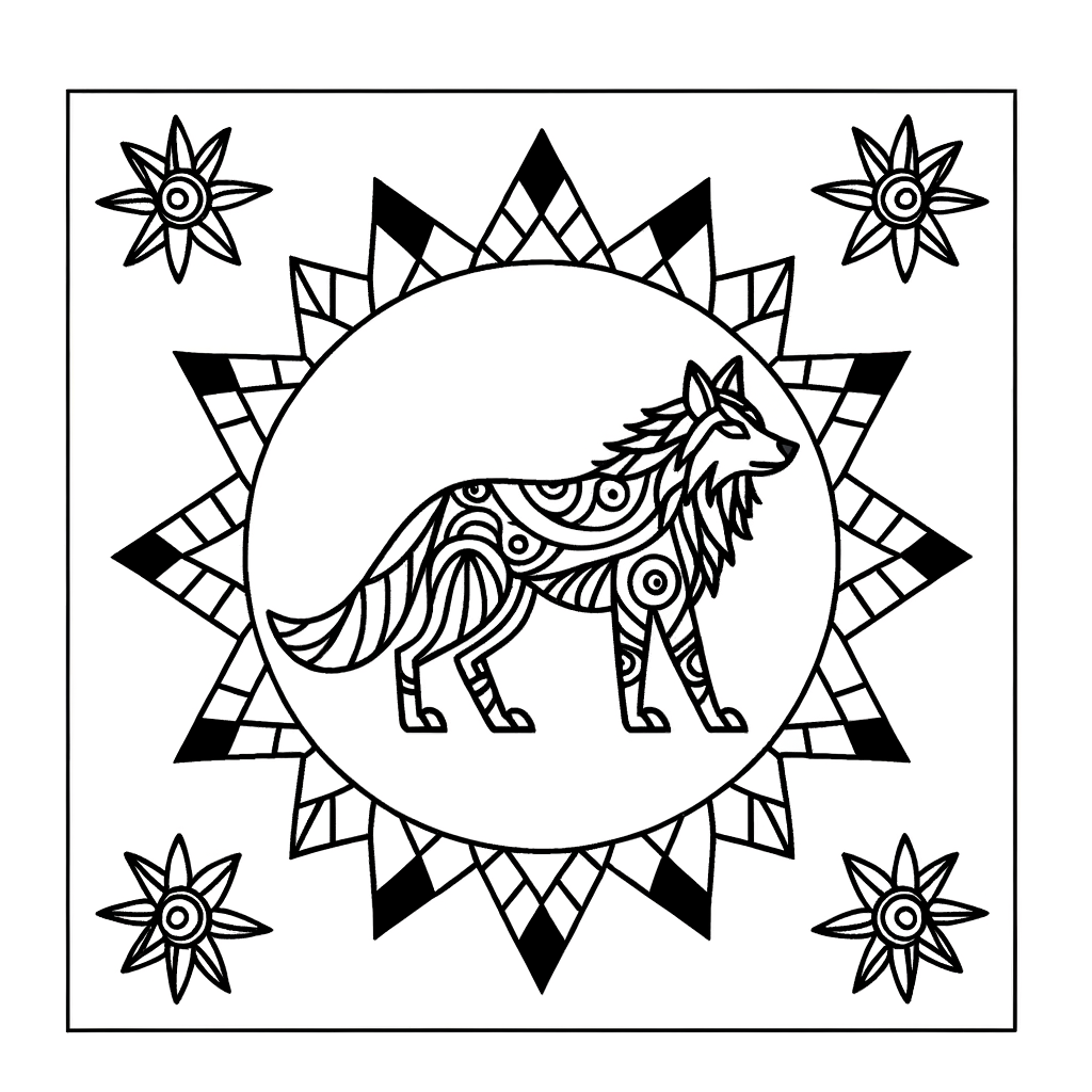 Coloring page of a wolf mandala with tribal elements