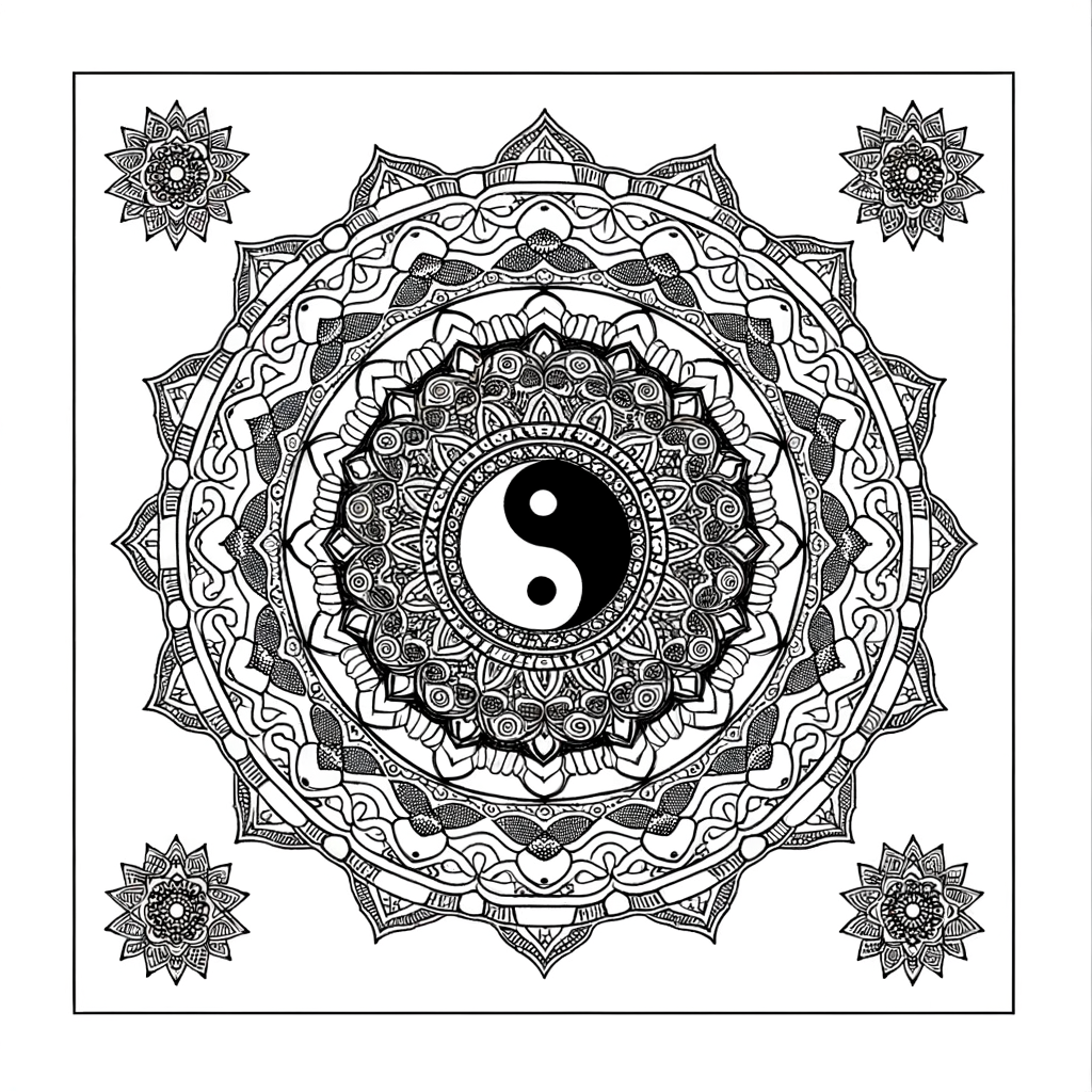 Yin yang mandala coloring page featuring balanced design with intricate patterns for meditation and relaxation