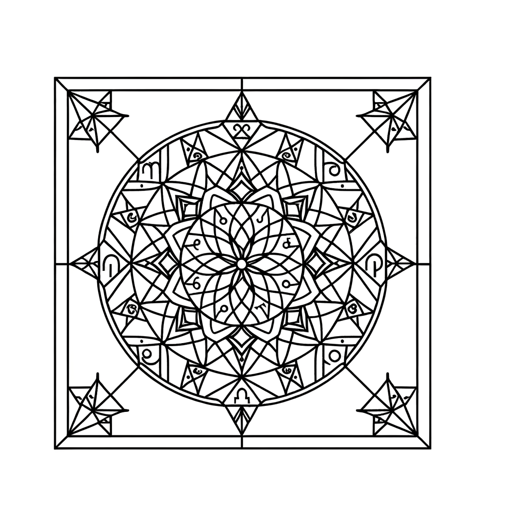 Zodiac mandala coloring page with 12 star signs arranged in circular pattern