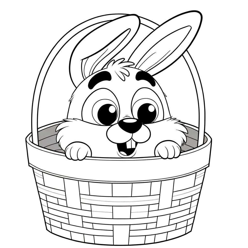 Cute cartoon bunny with surprised expression peeking from Easter basket coloring page with thick black outlines
