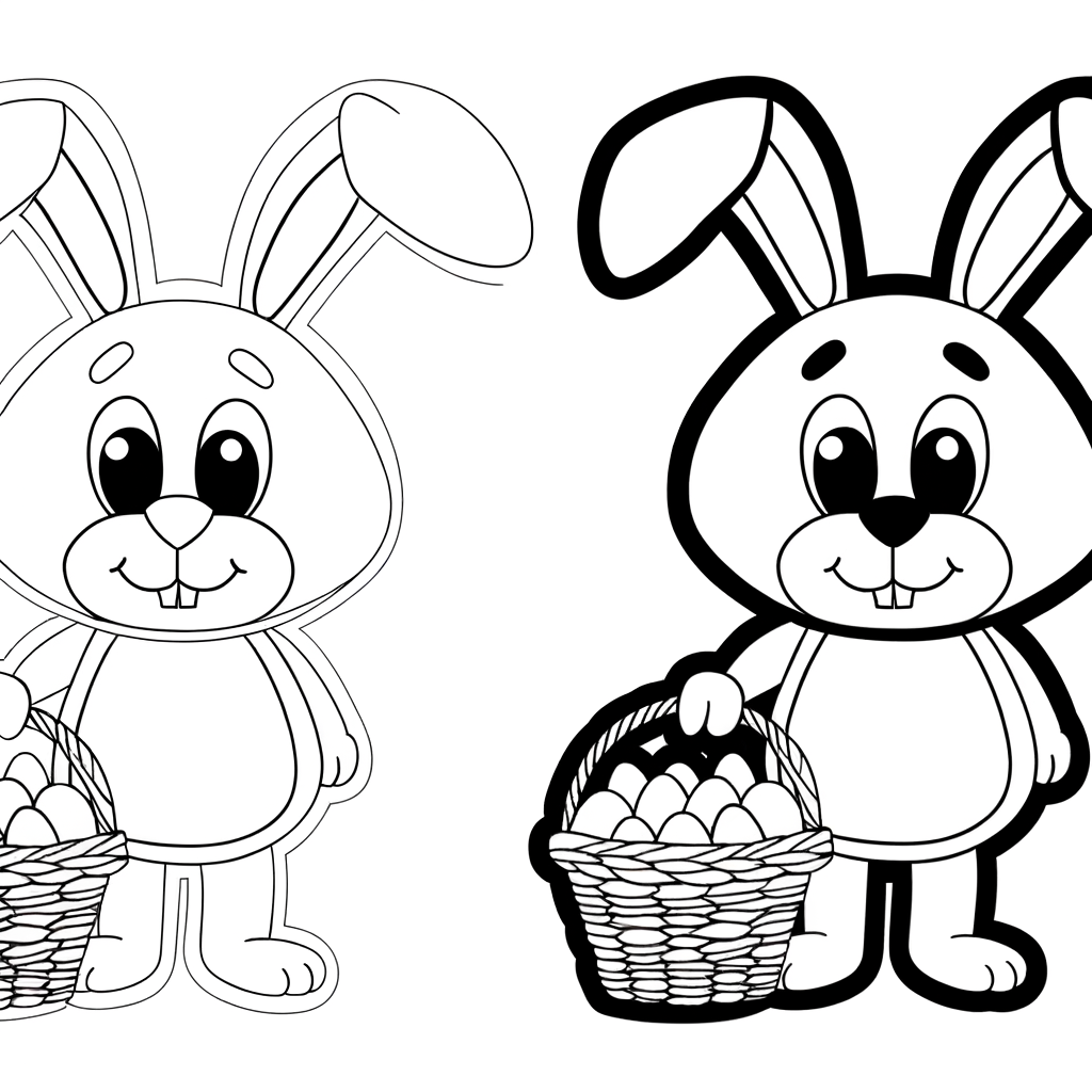 Cartoon Easter bunny coloring page with egg basket and fluffy tail