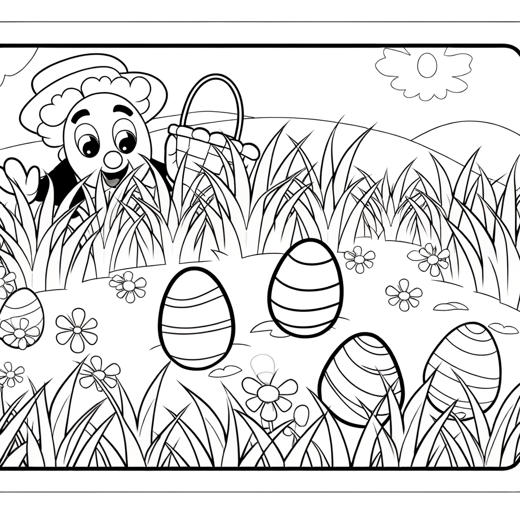 Cartoon Easter egg hunt coloring page with eggs hidden in grass for kids to color