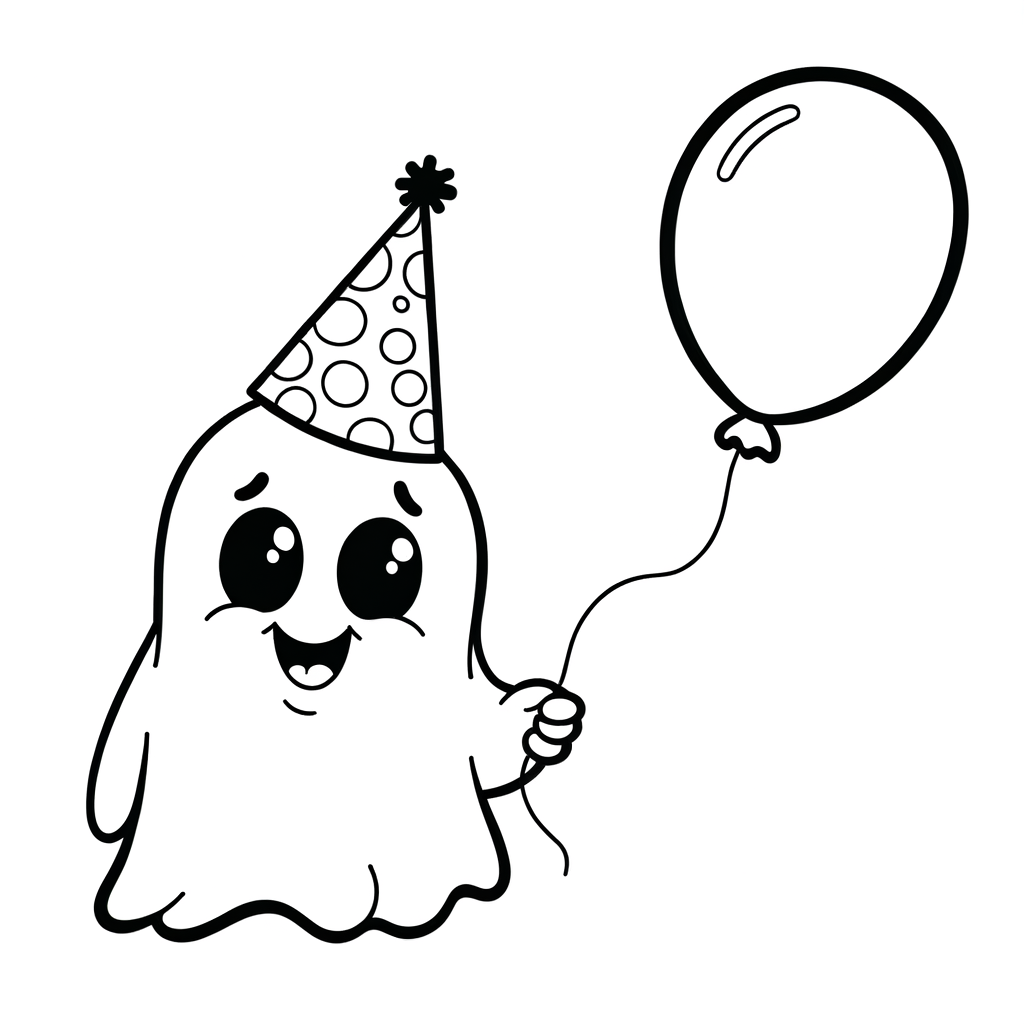 Coloring page of cute cartoon ghost holding balloon with thick black outlines for kids