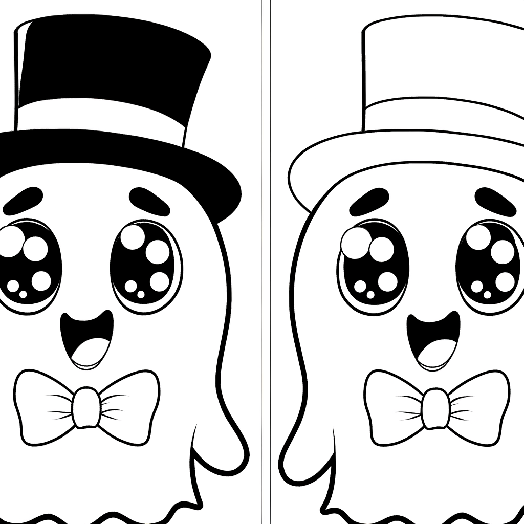 Adorable cartoon ghost wearing bow tie coloring page with simple black lines on white background